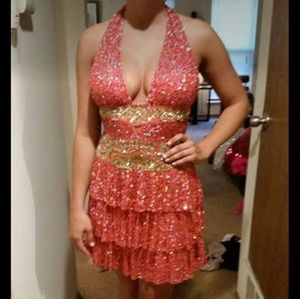 FULLY SEQUINED Salmon and gold halter top cocktail